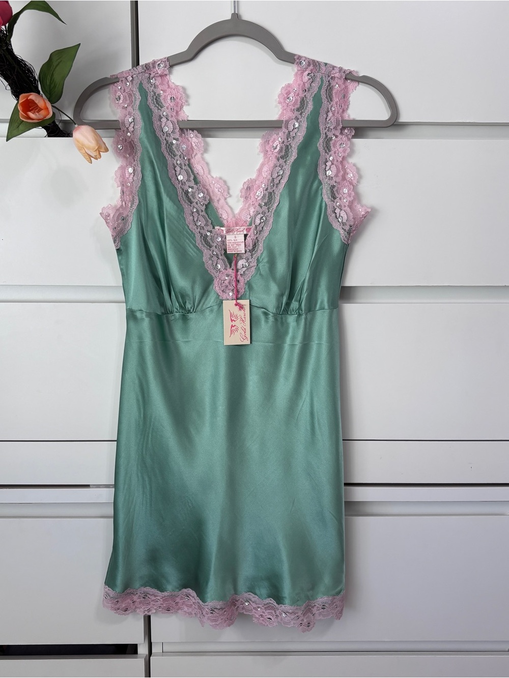 Silk Lace-Trim Chemise - Mint with Pink Lace